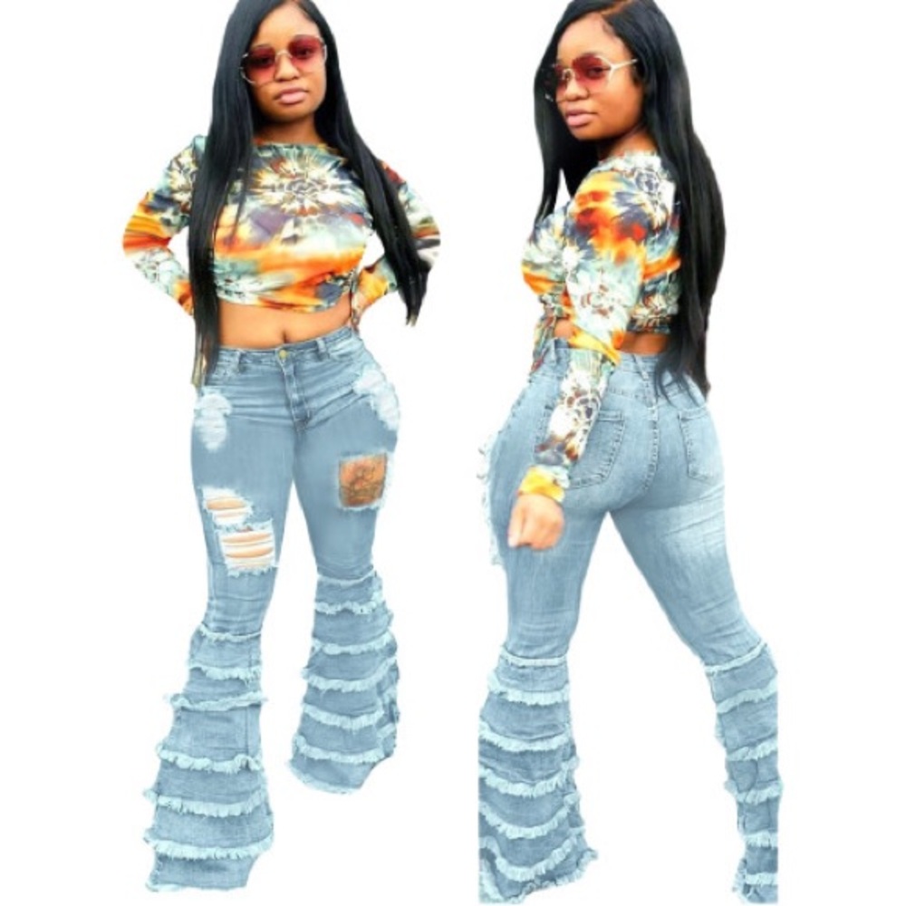Plus Size Denim Ripped Hole Skinny Flared Jeans